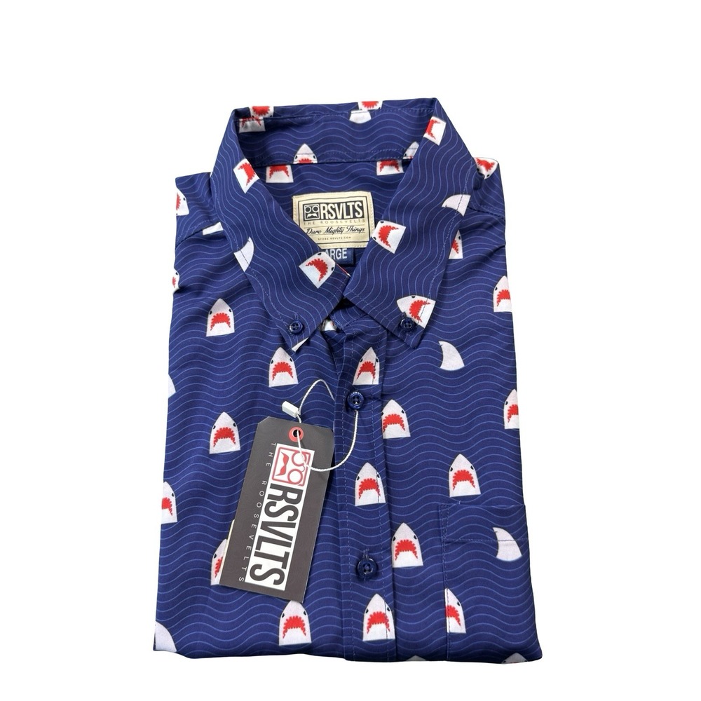 RSVLTS Blue Kunaflex Apex Chomp Shark AOP SS Button Front Shirt Mens L NWT